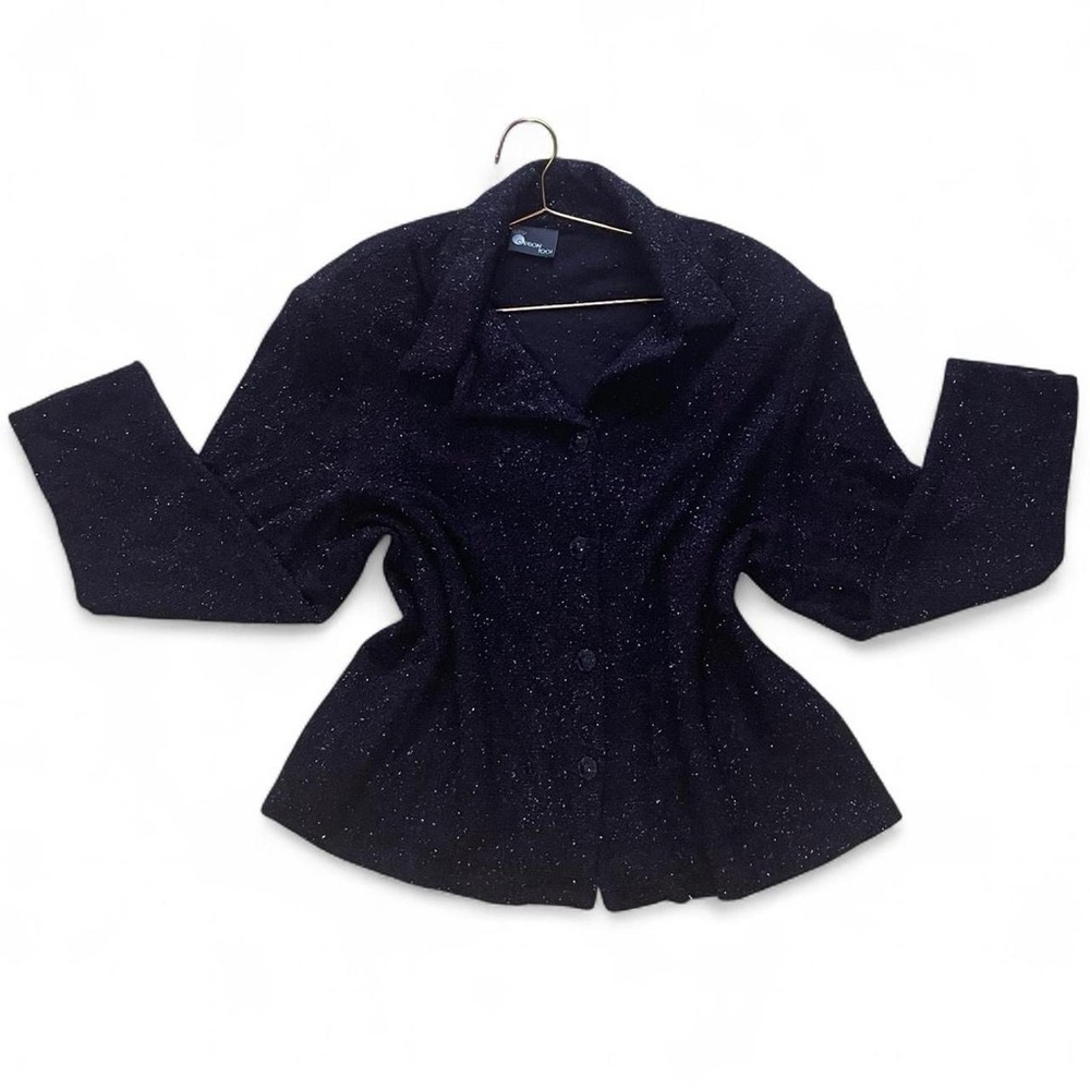 Vintage 80s Black Sparkle Button-Up Cardigan – Glitter Tinsel Glam Evening Top